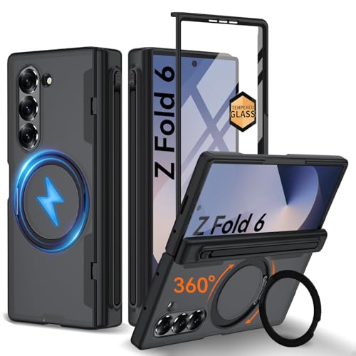 Upgraded 360° Spin Magnetic Invisible Ring Stand for Samsung Galaxy Z Fold 6 Case,[Compatible with MagSafe][S Pen Holder][Hinge Protection][Screen Protector],Shockproof Full Body Phone Cover (Black) - color: Black