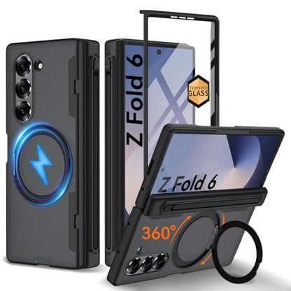 Upgraded 360° Spin Magnetic Invisible Ring Stand for Samsung Galaxy Z Fold 6 Case,[Compatible with MagSafe][S Pen Holder][Hinge Protection][Screen Protector],Shockproof Full Body Phone Cover (Black) - color: Black