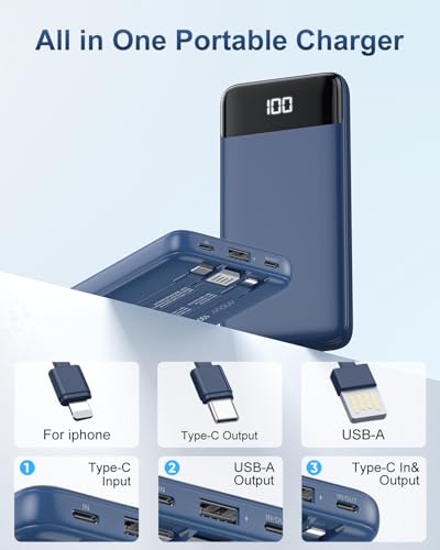Portable Charger Power Bank w/Built-in Cables 10000mAh LED Display, Navy - color: Navy