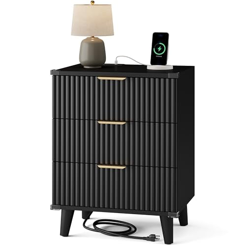 Lulive Wood Bedside Table w/Charging Station, 3 Drawers Fluted Dresser - color: Black, size: 3 Drawers-Set of 1 Nightstand