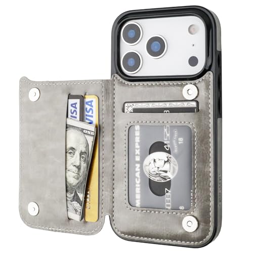 ONETOP for iPhone 17 Pro Wallet Case with Credit Card Holder,Gray | Kickstand,ID/Cash Holder,Case Wallet with Card Slots,Double Magnetic Clasp,Durable PU Leather Shockproof Cover for Women Men - color: Gray