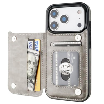 ONETOP for iPhone 17 Pro Wallet Case with Credit Card Holder,Gray | Kickstand,ID/Cash Holder,Case Wallet with Card Slots,Double Magnetic Clasp,Durable PU Leather Shockproof Cover for Women Men - color: Gray
