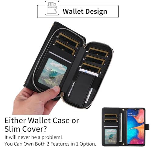 Argyle Wallet Case for Samsung Galaxy A20 A30 with Wrist Strap Shoulder Strap, 9+ Card Slots Zipper Purse Luxury PU Leather Stand Checkered Phone Cover for M10s A 30 20A SM A205G Black | Girls, Wrist/Shoulder Strap, Card Slots, Purse, Luxury PU Leather, S