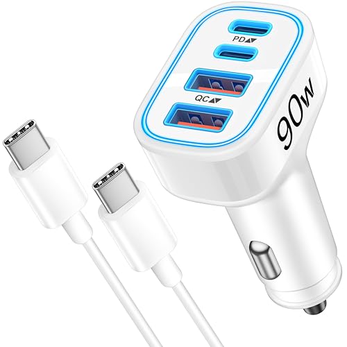 90W 4-Port USB C Super Fast Car Charger for iPhone Duo/18 Pro Max/18/17/16 - color: White