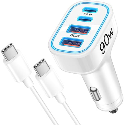 90W 4-Port USB C Super Fast Car Charger for iPhone Duo/18 Pro Max/18/17/16 - color: White