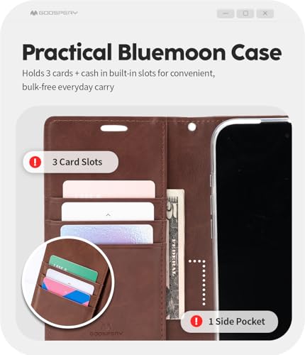 GOOSPERY Bluemoon Folio Wallet Case for iPhone 17, Flip Cover with Card Holder, Kickstand, Magnetic Closure, Shockproof TPU + PU Leather - Brown - color: Brown, size: iPhone 17