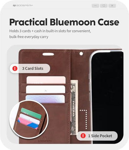 GOOSPERY Bluemoon Folio Wallet Case for iPhone 17, Flip Cover with Card Holder, Kickstand, Magnetic Closure, Shockproof TPU + PU Leather - Brown - color: Brown, size: iPhone 17