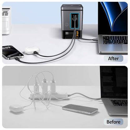105W GaN Desktop Charging Station - 6 in 1 Fast Charger Block with Dual 65W Retractable Type C Cables, Magnetic Wireless Charging Stand for MacBook Pro/Air, iPhone17 16 15, iPad, Office Desk Organizer