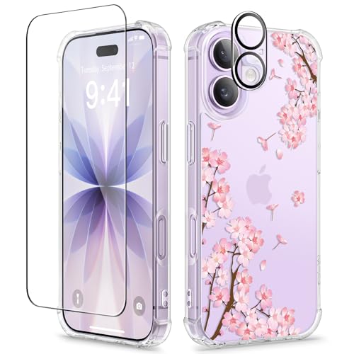 GVIEWIN for iPhone 17 Case Floral, Slim Clear Non-Yellowing | Shockproof Protective, Screen Protector+Camera Lens Protector, Women Phone Case for iPhone 17 6.3", Sakura/Pink - color: Sakura/Pink