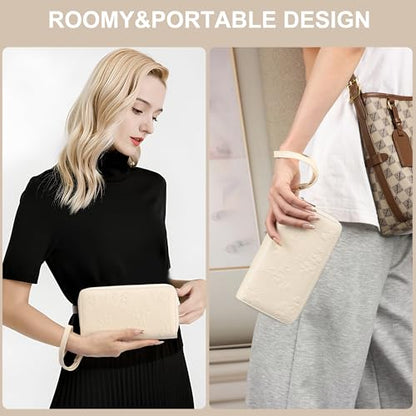 yiijay Womens Wallet RFID Blocking Large Capacity Vegan Leather Double Zip Wristlet Wallet Card Holder Travel Ladies Clutch - color: Beige