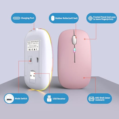 Afaartcci Rechargeable Wireless Mouse, Silent Bluetooth Mouse (Pink) - color: Pink