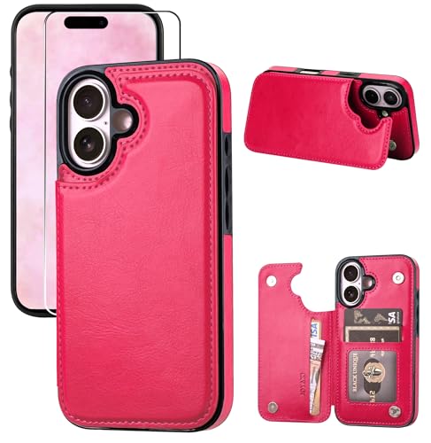 Wallet Case Compatible with iPhone 16 6.1", Slim Protective Case with Card Holder,Premium PU Leather Kickstand Card Slots Case with Double Magnetic Clasp-Rosered - color: Rosered, size: iphone 16 6.1"