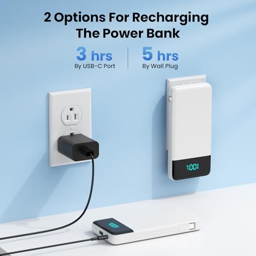 Portable Charger for iPhone with Built-in Cables and Wall Plug,Upgraded 13800mAh Fast Charging USB C Power Bank,4 Outputs Slim Travel Essential Battery Pack for iPhone 17/16/15/14/13,Galaxy,-White - color: White