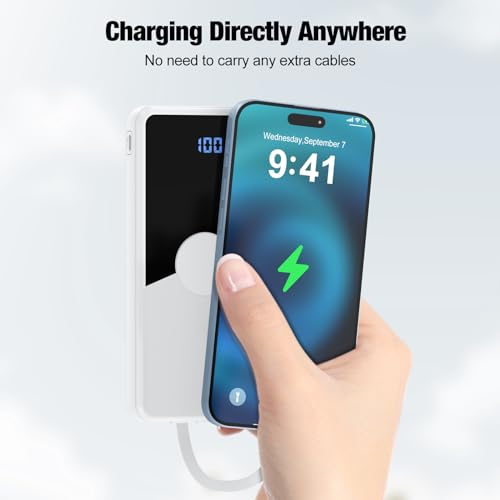Portable Charger with Built in Cables,High Speed Power Bank 10000mAh Travel Battery Pack 5 Outputs 3 Inputs Portable Phone Charger Backup Battery for iPhone, Samsung, iPad,Tablets (White) - color: White