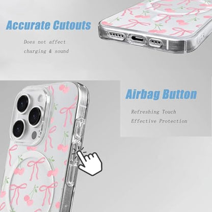 Magenetic Bow Case Compatible with Magsafe for iPhone 16e Clear Phone Cover with Cute Cherry Pattern Soft TPU Hard Back Shockproof Protective Case for iPhone 16e - size: for iPhone 16e