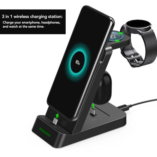 Naroote 3 in 1 Charging Station, Foldable Travel Wireless Charger Stand with Phone Holder, for Watch 6 5 4 Buds Pro (Black)