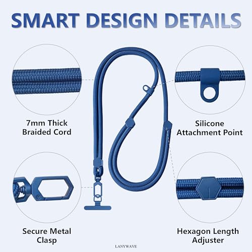 Adjustable Crossbody Phone Lanyard, Braided Cord with Tether Tab - color: Blue