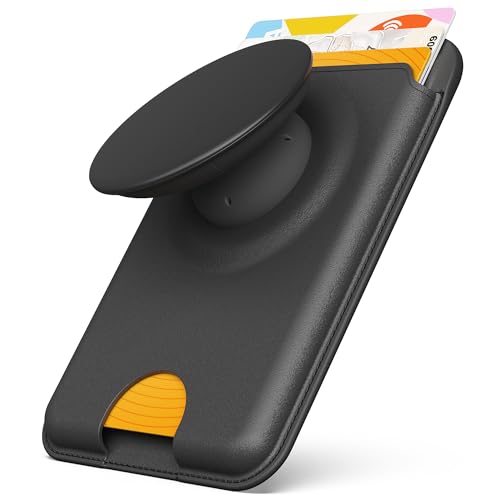 Sinjimoru Phone Wallet for MagSafe, Phone Card Holder with Grip, Black | M-Tap Tok Wallet, 3200G strength, soft silicone finger holder, vegan leather, phone stand, fits iPhone 17-12 - color: Black