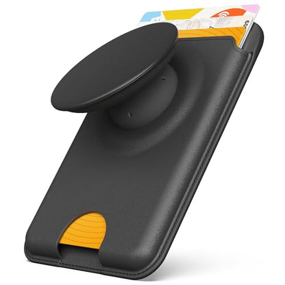 Sinjimoru Phone Wallet for MagSafe, Phone Card Holder with Grip, Black | M-Tap Tok Wallet, 3200G strength, soft silicone finger holder, vegan leather, phone stand, fits iPhone 17-12 - color: Black