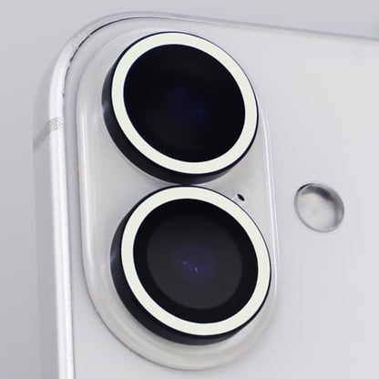 Luminous Camera Lens Protector for iPhone 16/16 Plus Individual Metal Ring Tempered Glass Glow in The Dark Lens Cover (2PCS) (White, for iPhone 16/16 Plus) - color: White