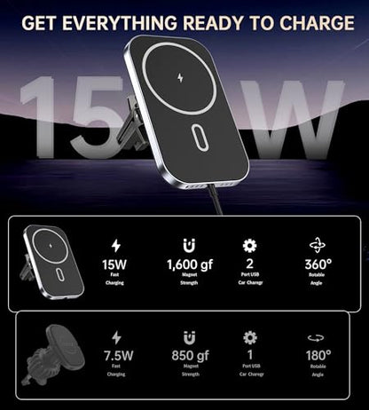 Mukiya for MagSafe Car Mount Charger with Adapter, 360° Rotation Magnetic Wireless iPhone Car Charger for Air Vent, Compatible with iPhone 18/17/16/15/14/13/12 Pro Max Air Plus Mini - color: Black