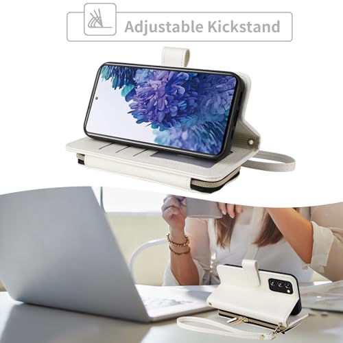 Wallet Case for Samsung Galaxy S20 FE 5G 6.5 inch with Wrist Strap, 9+ Card Slots Zipper Purse, Luxury PU Leather Stand Phone Cover for S 20 EF UW S20FE5G S20FE 20S S2O Fan Edition 4G G5 White | Wrist/Shoulder Strap, 9+ Card Slots, Luxury PU Leather Phone