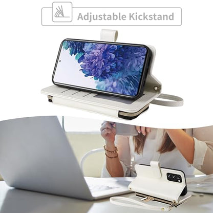 Wallet Case for Samsung Galaxy S20 FE 5G 6.5 inch with Wrist Strap, 9+ Card Slots Zipper Purse, Luxury PU Leather Stand Phone Cover for S 20 EF UW S20FE5G S20FE 20S S2O Fan Edition 4G G5 White | Wrist/Shoulder Strap, 9+ Card Slots, Luxury PU Leather Phone