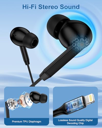iPhone 14 Headphones Wired Earbuds with Lightning Connector MFi Certified - color: Black-1 Pack