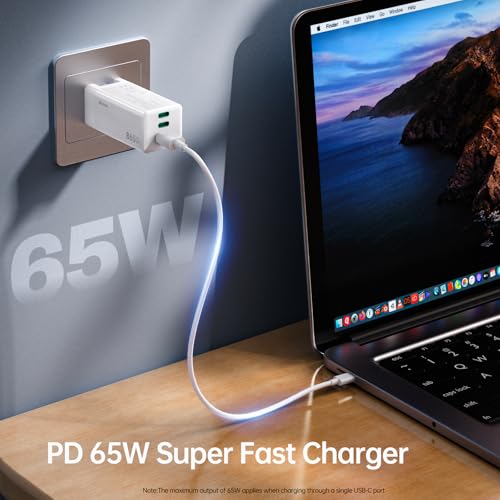 Bwine 65W GaN USB C Charger, 3-Port Fast Wall Charging Block - color: Off White & Orange