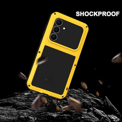 LOVE MEI Military Rugged Case for Samsung Galaxy S25 FE 5G, with Tempered Glass Screen Protector, Shockproof Dustproof Scratch Proof Hybrid Metal and Silicone Gel Heavy Duty Full Body Cover (Yellow) - color: Yellow