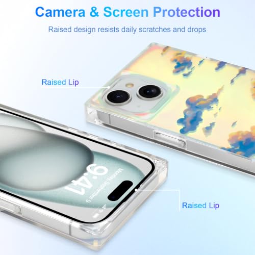 Cute Rectangle Case for iPhone 15 Case, Iridescent Clouds | Twilight Sun Set Sky Pattern Design, Aesthetic Girly Matte Glitter Protective Phone Cover for Women Girls - size: iPhone 15