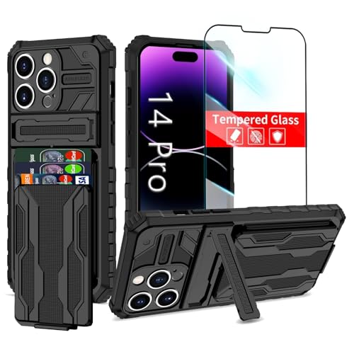 for iPhone 14 Pro Wallet Case with Card Holder, Black | Detachable Card Holder, Built-in Kickstand, with Screen Protectors, Military Grade, Full Body Shockproof - size: for iPhone 14 Pro - 6.1''
