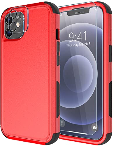 Diverbox for iPhone 12 case [Shockproof] [Dropproof] [Tempered Glass Screen Protector + Camera Lens Protector],Heavy Duty Protection Phone Case Cover for Apple iPhone 12(Red) - color: Red-3in1