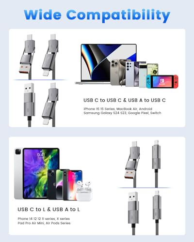 2Pack 4 in 1 Charging Cable 65W Fast Charging [6FT], Multi Charger Cord USB C to USB C/Lightning/USB A, Durable Nylon Braided Power Delivery for iPhone 17 17e 16 15 14, MacBook, Samsung Galaxy S26 S25