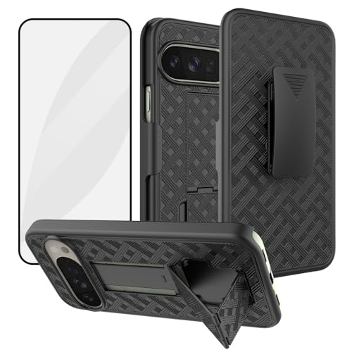 for Google Pixel 10/Pixel 10 Pro Stand Case, Screen Protector-Black | Belt Clip Kickstand Holder Holster, Slim Shell Slide Pouch Full Body Protective, Rugged Shockproof Outdoor Cell Phone Cover - size: Pixel 10/Pixel 10 Pro