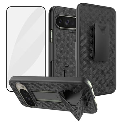 for Google Pixel 10/Pixel 10 Pro Stand Case, Screen Protector-Black | Belt Clip Kickstand Holder Holster, Slim Shell Slide Pouch Full Body Protective, Rugged Shockproof Outdoor Cell Phone Cover - size: Pixel 10/Pixel 10 Pro