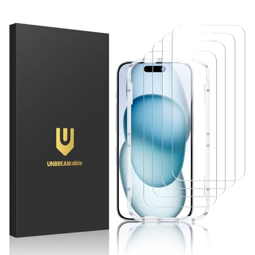 UNBREAKcable 4-Pack iPhone 15 Screen Protector, 9H Hardness | 9H tempered glass | 99.99% HD clarity | Double Shatterproof|alignment frame easy install | case-friendly - size: iPhone 15