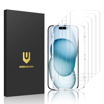 UNBREAKcable 4-Pack iPhone 15 Screen Protector, 9H Hardness | 9H tempered glass | 99.99% HD clarity | Double Shatterproof|alignment frame easy install | case-friendly - size: iPhone 15