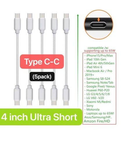 4-inch USB C-C Cables, 5 Pack, for iPhone15/iPad 10th Gen/iPad mini 6th, iPadAir 4th/5th, Samsung Galaxy S24/S23/S22/S21/S20/S10/S9/S8, Tablets, etc. (White, 4-inch) - color: White