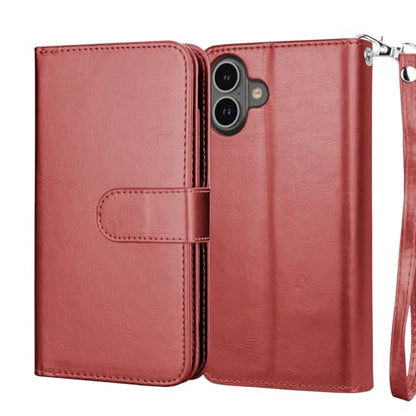 NJJEX Compatible with iPhone 16 Wallet Case, 9 Card Slots, Wine Red | PU leather folio flip, detachable magnetic phone cover, integrated kickstand, included lanyard - color: Wine Red, size: iPhone 16