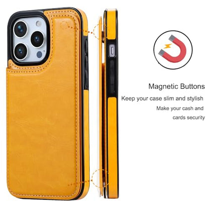 Wallet Case Compatible with iPhone 15 Pro Max(6.7"),Slim Protective Card Holder case with 1 Screen Protector,Premium PU Leather Kickstand Card Slots Case-Yellow - color: Yellow
