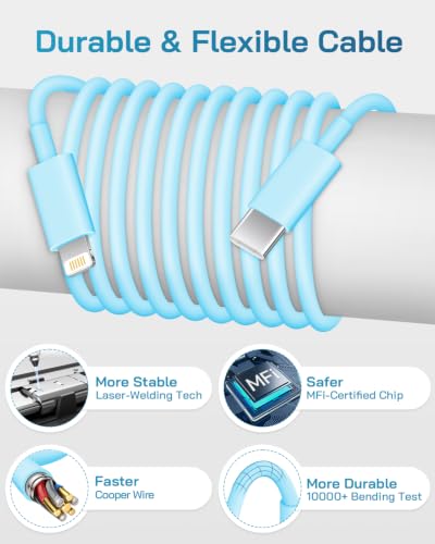 CXX 20W Fast Charger for iPhone 14/13/12 [3-Pack, MFi Certified] - color: Blue, size: 6FT