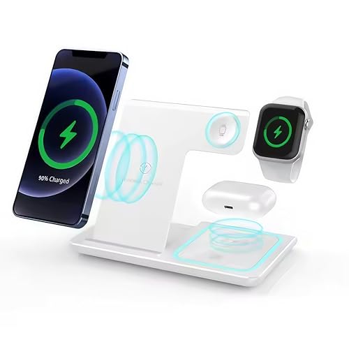 Foldable 3 in 1 Fast Charging Station for Apple Products, iPhone 17 16 15 14 13 12 Pro Max, Travel Dock Adapter & Light for i-Watch Series 11 10 9 Ultra 3/2 SE 3/2,for AirPods 4 3 2 Pro 3/2 (White) - color: WHITE