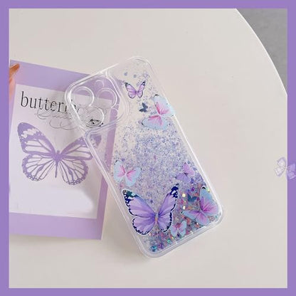 Compatible with iPhone 16 Pro Max Glitter Butterfly Case Glow in The Dark Women Girls Girly Bling Sparkle Flowing Quicksand Light up Case Soft TPU Bumper Luminous Clear Phone Cover, Purple - color: Purple, size: iPhone 16 Pro Max