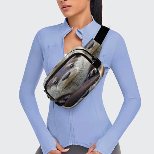 Cute Otter Fanny Packs for Women Men Double Layer Fashion Waist Pack Adjustable Belt Bag with Pockets Small Crossbody Bags for Running Hiking Workout Travel Daily Use