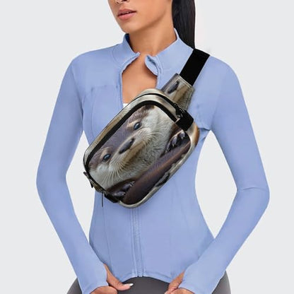 Cute Otter Fanny Packs for Women Men Double Layer Fashion Waist Pack Adjustable Belt Bag with Pockets Small Crossbody Bags for Running Hiking Workout Travel Daily Use