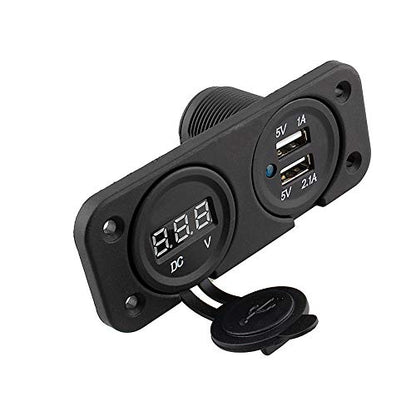 2 Port USB Socket Charger with DC Voltmeter, 12V-24V Flush Mount for Car Boat Marine