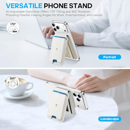 SHIELDON Genuine Leather Magnetic Wallet Stand for MagSafe, White | Strong Magnetic, Card Holder, Kickstand, Angle Adjustment, Rfid Blocking, for iPhone 17/16/15/14/13/12 Series & Magnet Case - color: White