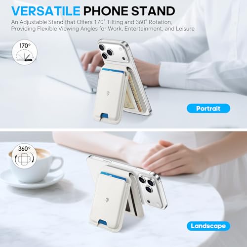 SHIELDON Genuine Leather Magnetic Wallet Stand for MagSafe, White | Strong Magnetic, Card Holder, Kickstand, Angle Adjustment, Rfid Blocking, for iPhone 17/16/15/14/13/12 Series & Magnet Case - color: White