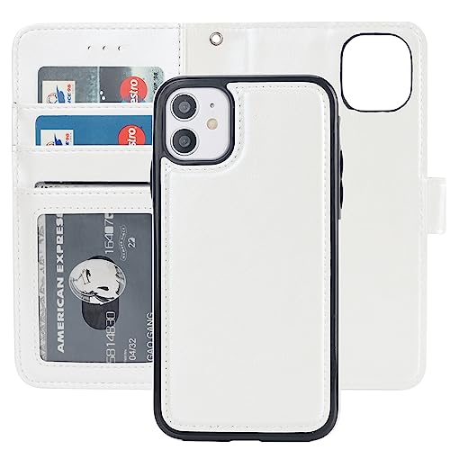 Bocasal Detachable Wallet Case Card Holder for iPhone 11, White | Kickstand Card Slots Holder PU Leather Magnetic Shockproof Wrist Strap Removable Flip Protective Cover 6.1 inch - color: White